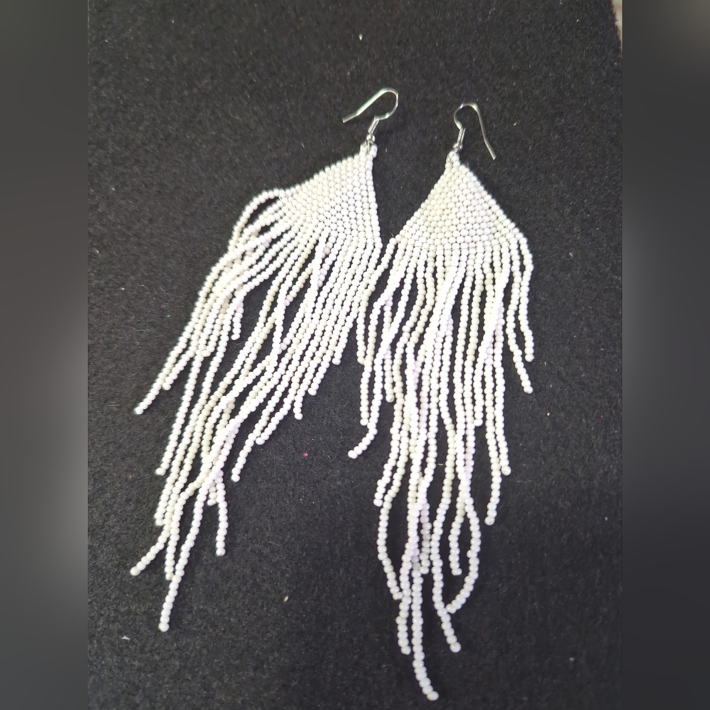Native American Navajo Handmade White Beaded Earrings 5 3/4" Long